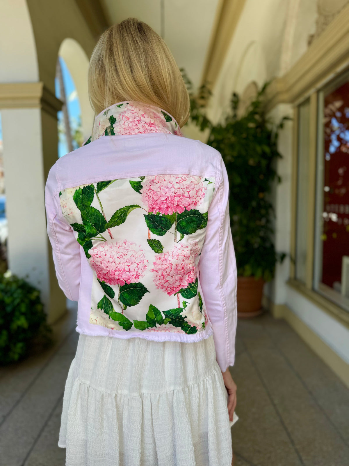 Hydrangea Patterned Jacket The Pink Denim Jacket / Pink Hydrangeas – BreedersCupShop